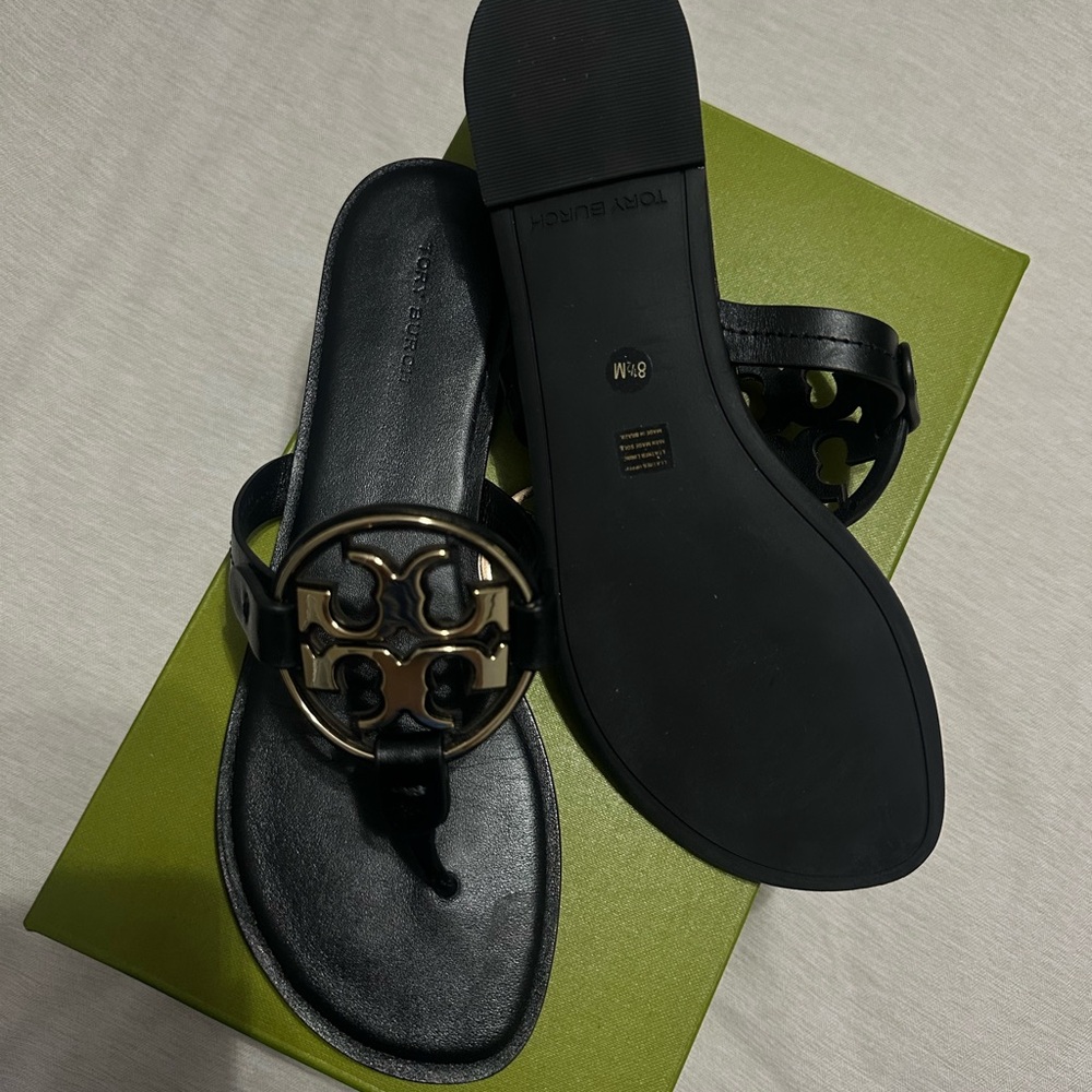 Tory Burch Black Leather Miller Logo Thong Sandals with Gold Medallion